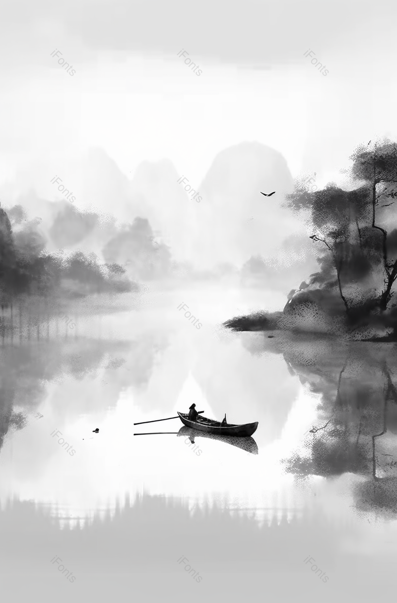 竖版中国风水墨意境山水画飞鸟飞过平静的湖面上小船停泊,插画/手绘图,插画/手绘图库,插画/手绘图下载,插画/手绘